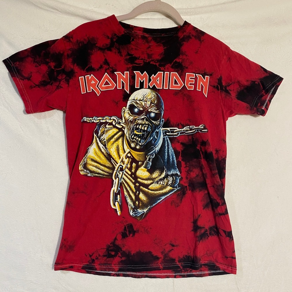 Iron Maiden Piece of Mind Eddie Tie Dye Graphic T-Shirt Red Black Mens Small S